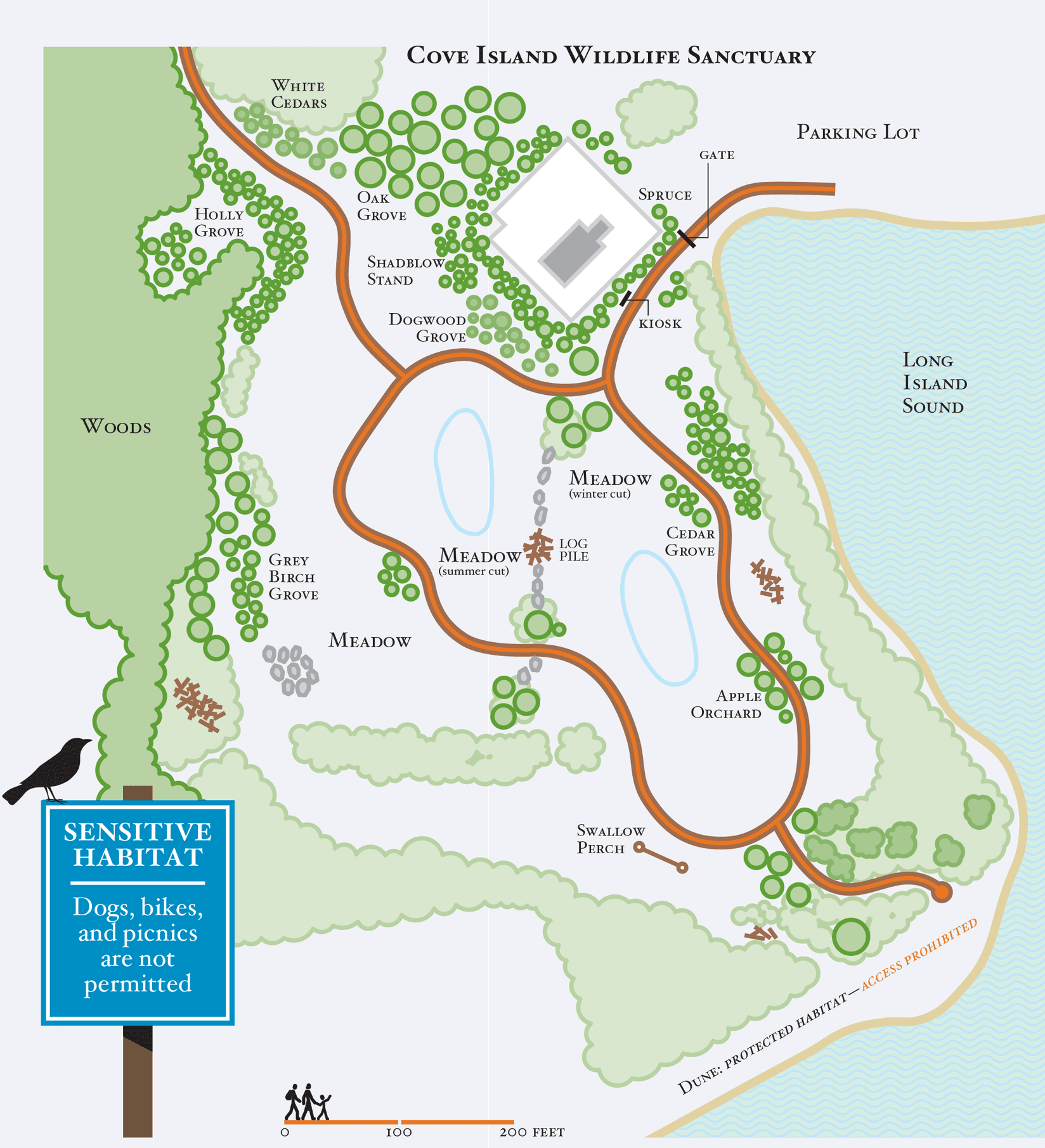 Trail map of Cove Island Wildlife Sanctuary showing groves, meadow, and shoreline habitat